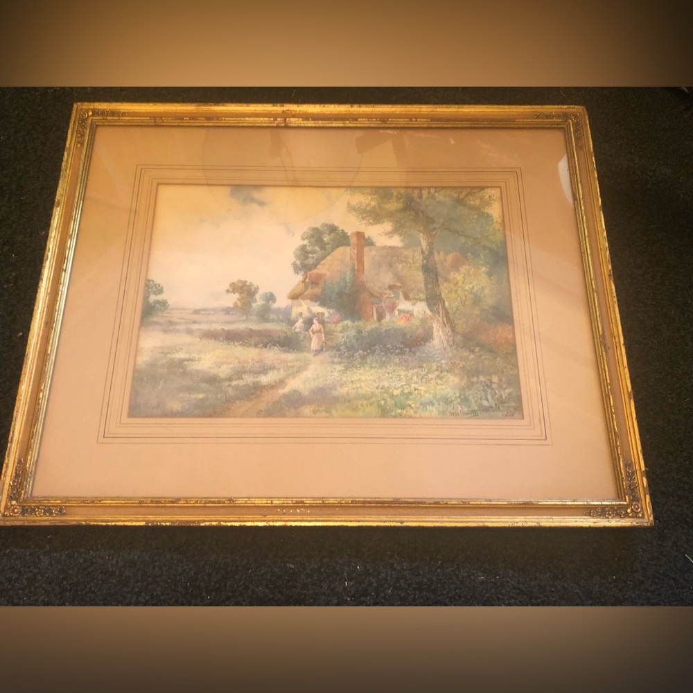 Vtg Print  Cottage by T Noel Smith Lithograph In Gold Gilt Picture Frame 21 X 17
